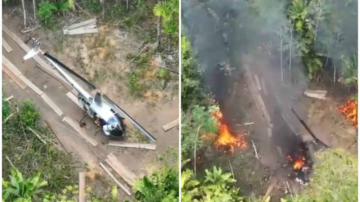 Helicóptero usado no garimpo ilegal destruído em área de mata em Mucajaí, Roraima