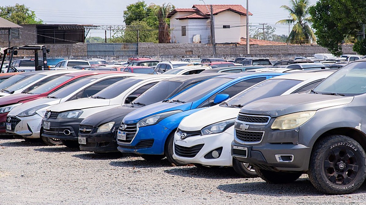 Carros removidos pelo trânsito enfileirados em pátio de Boa Vista, entre os lotes do leilão da Prefeitura